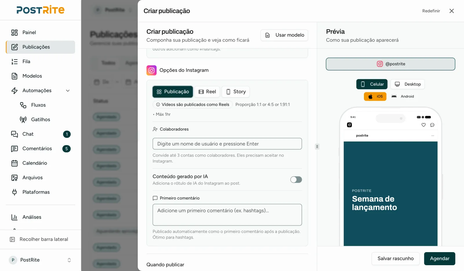 O editor de posts com uma conta do Instagram selecionada, mostrando as opções Post, Reel e Story, colaboradores e o primeiro comentário ao lado da prévia