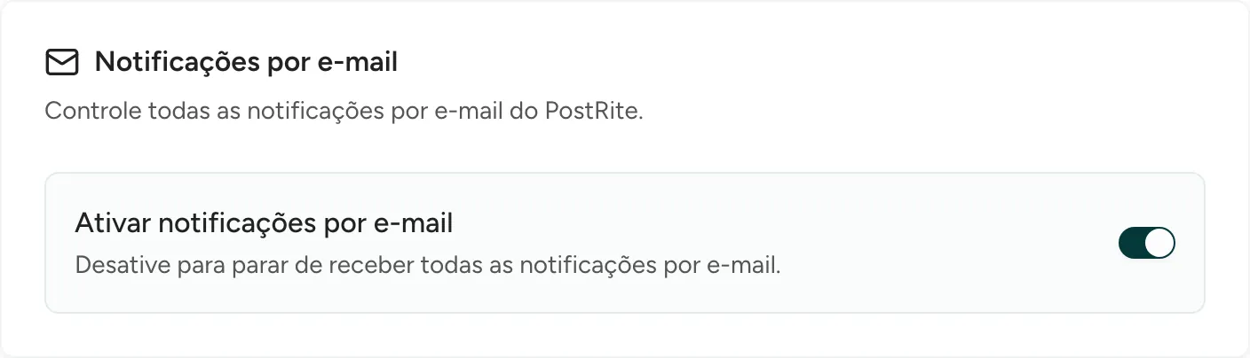 O card Notificações por e-mail com a chave que liga ou desliga todas as notificações por e-mail