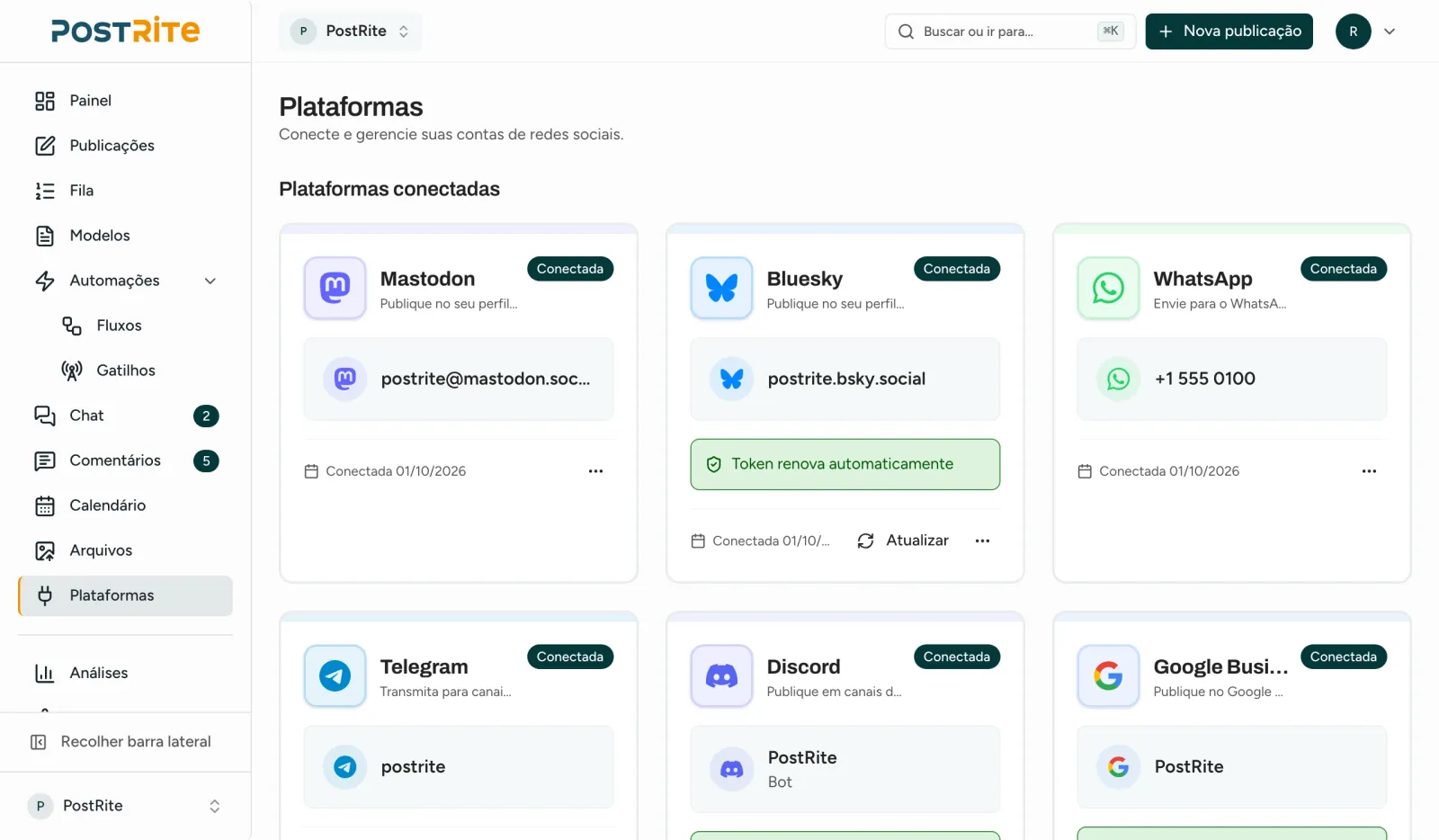 A página Plataformas com um card para cada conta conectada