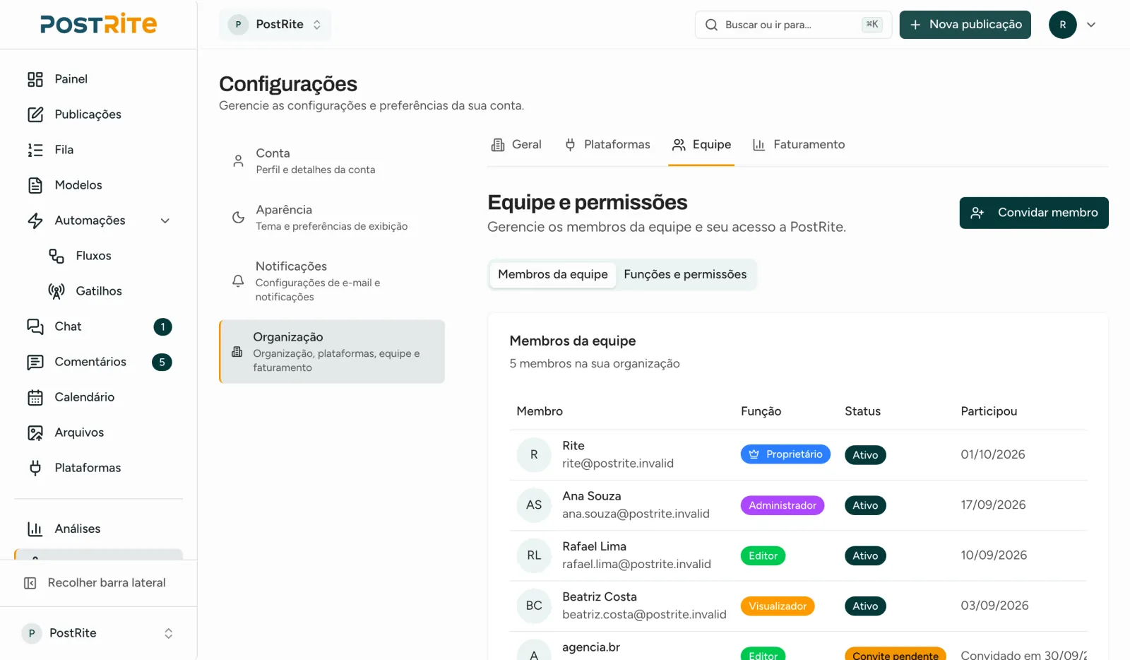 A página Equipe e permissões listando o proprietário, um admin, um editor, um visualizador e um convite pendente