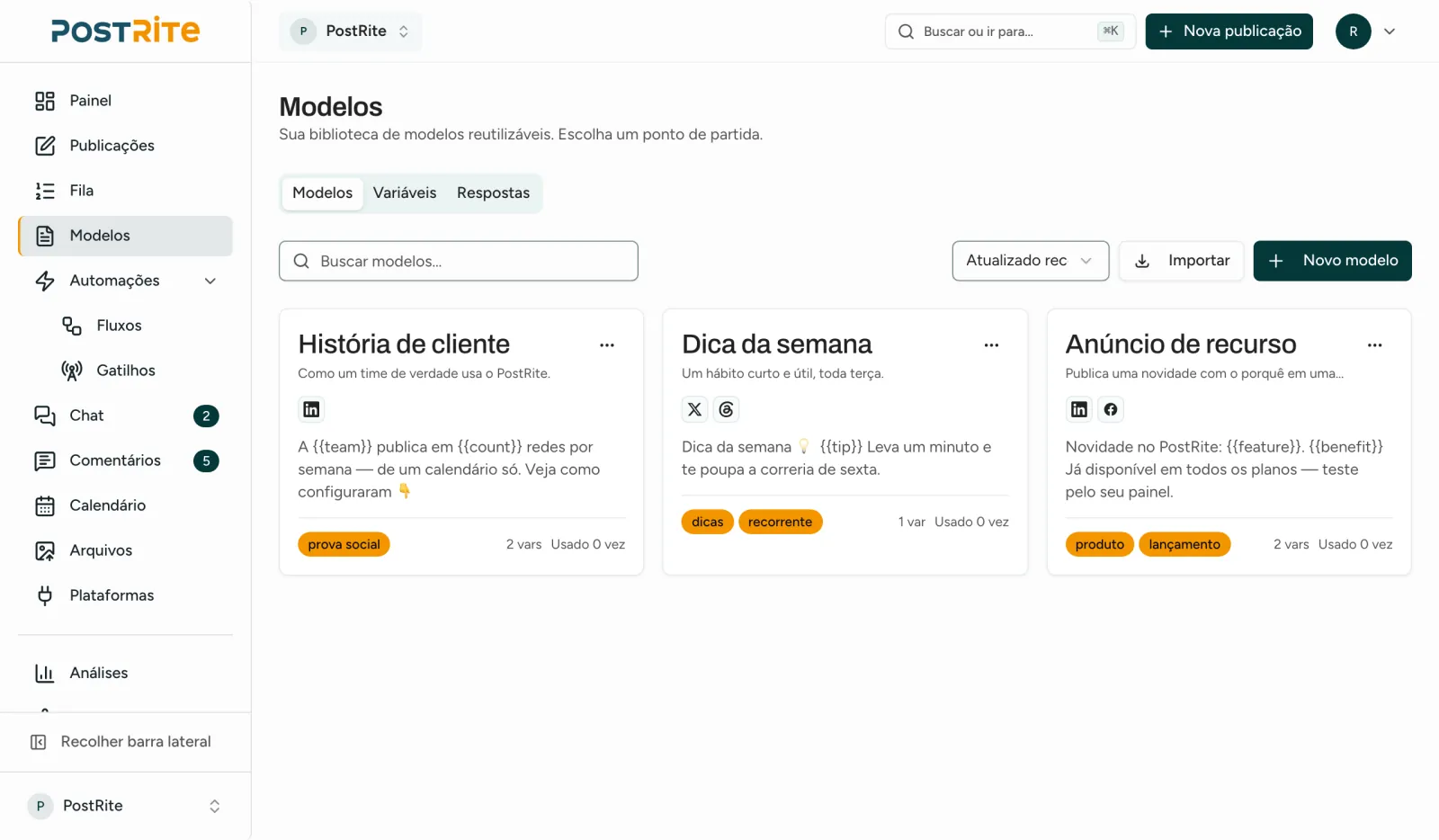 A página Modelos com três modelos salvos, suas tags e suas redes