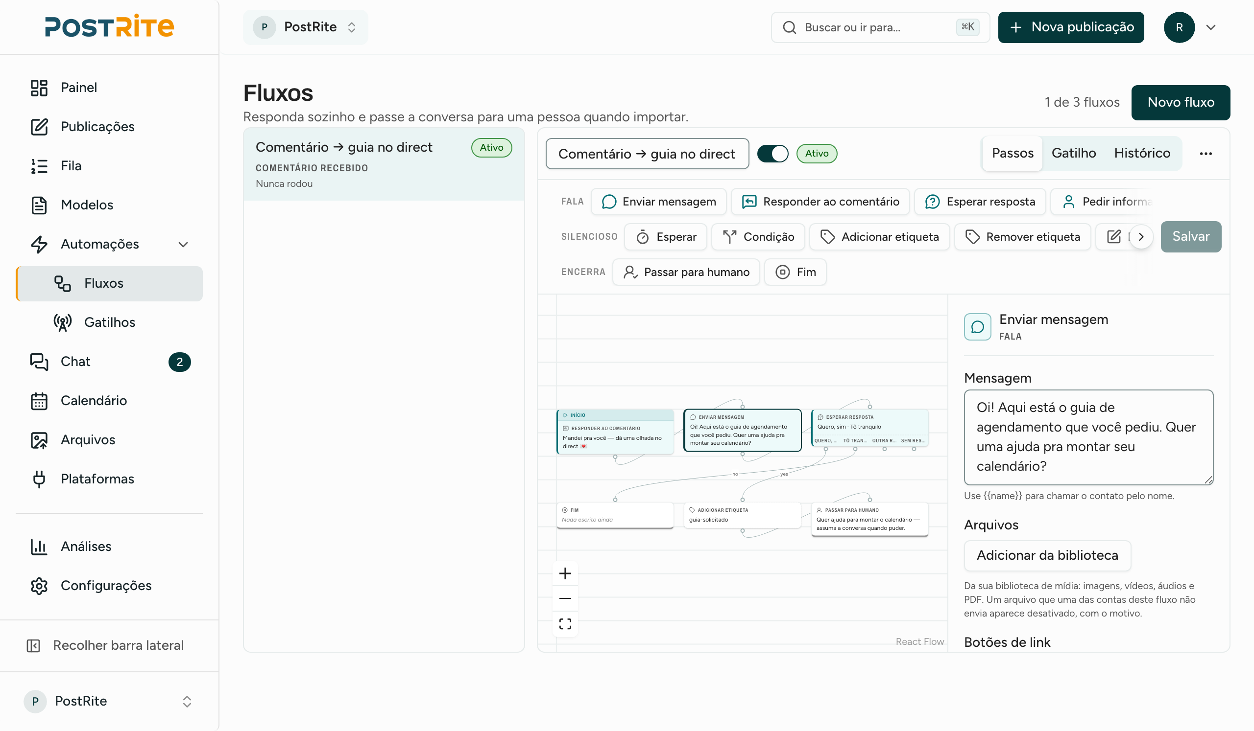 Canvas do construtor de fluxos do PostRite com uma conversa automática de comentário para mensagem direta