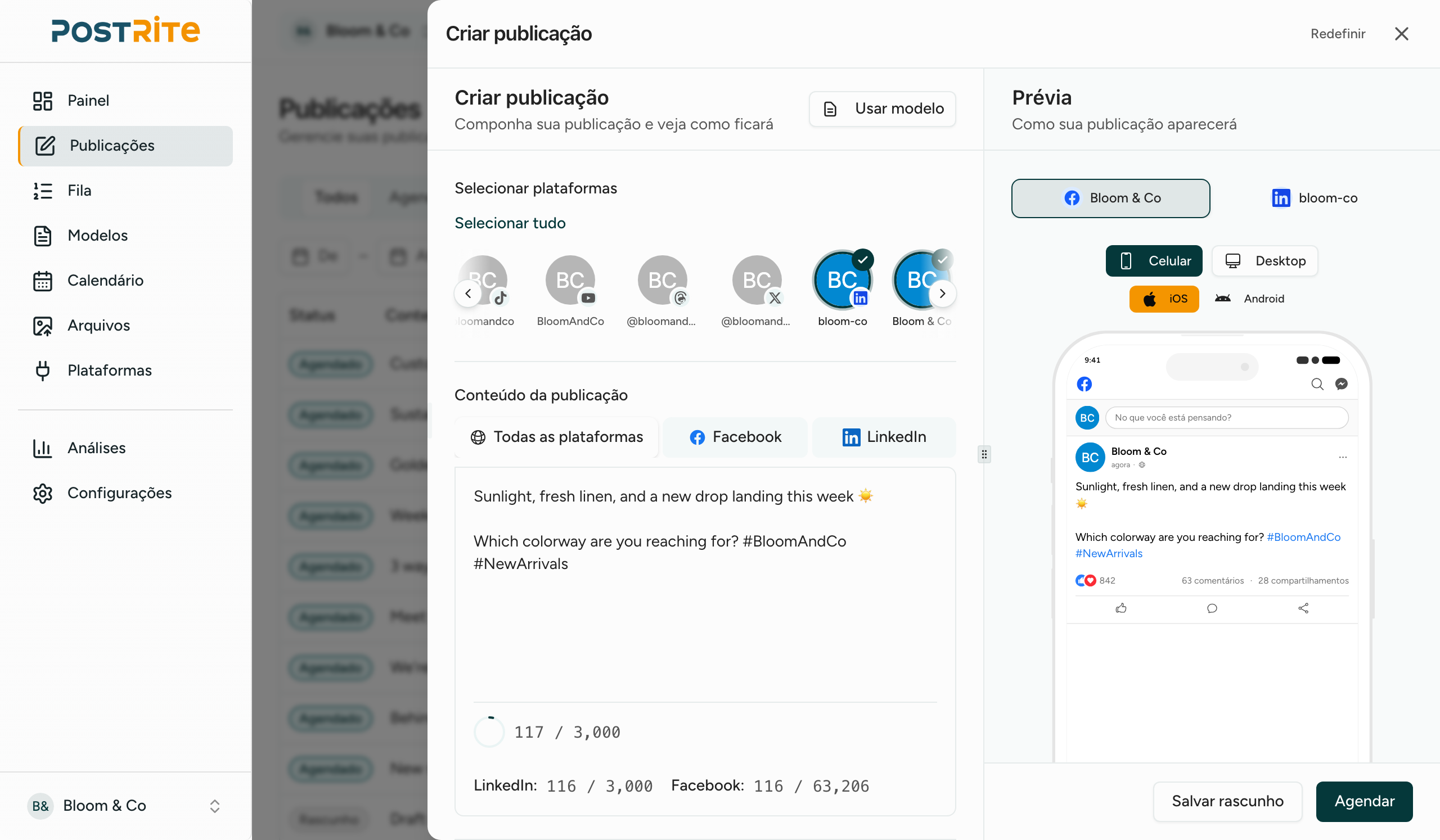 Editor de publicações do PostRite com prévias por plataforma em tempo real